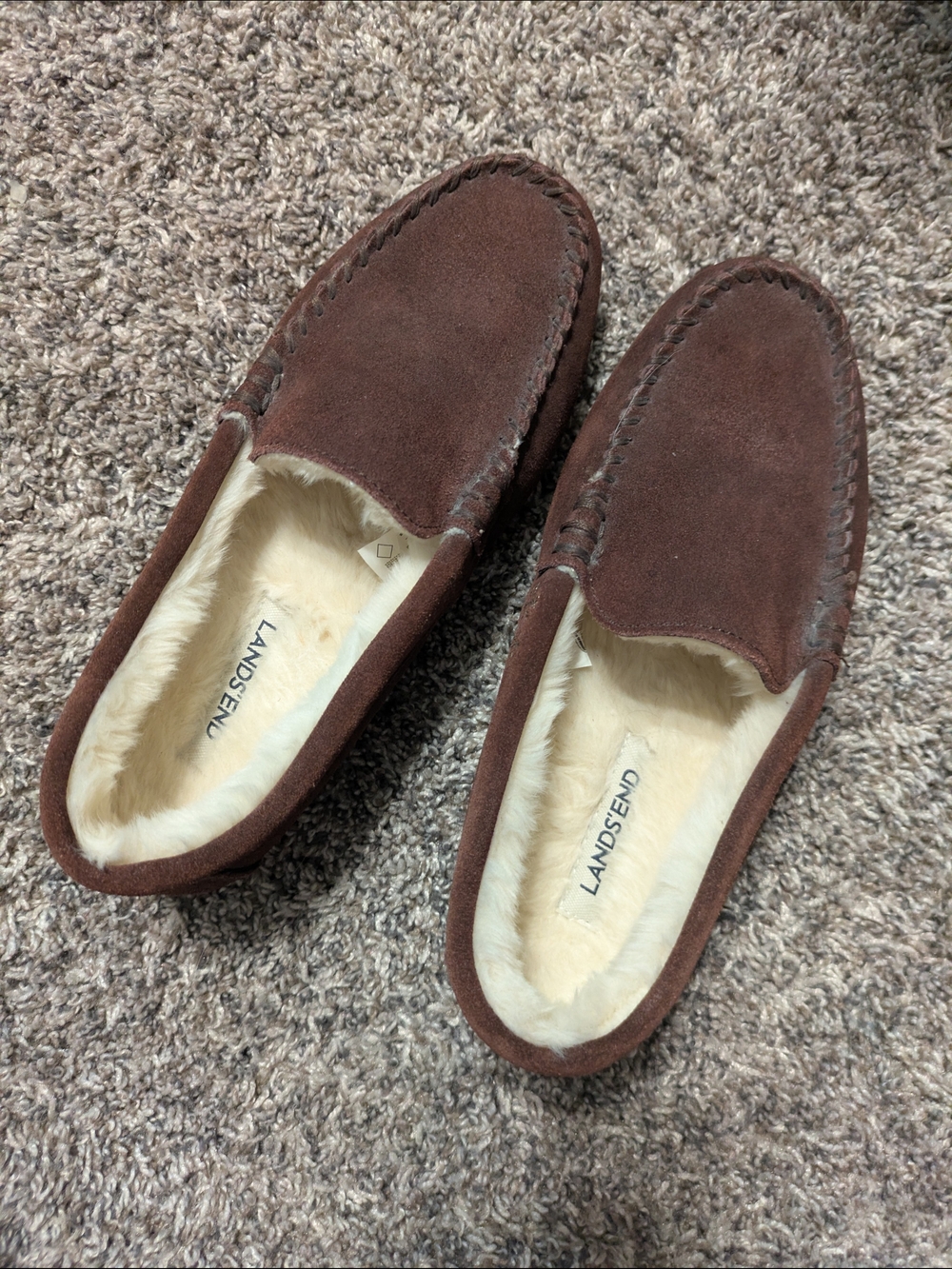 Lands' End Brown Suede Faux-Fur Lined Moccasin Slippers